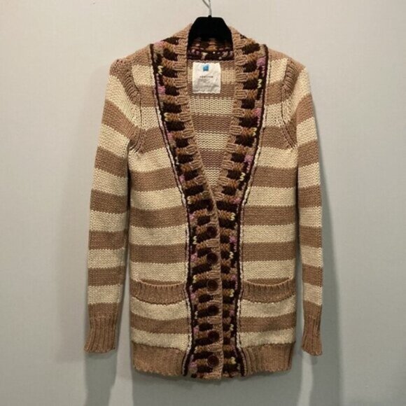 Anthropologie Cardigan with Stripes & Crochet Details Size Small Beige/Tan - Picture 14 of 14